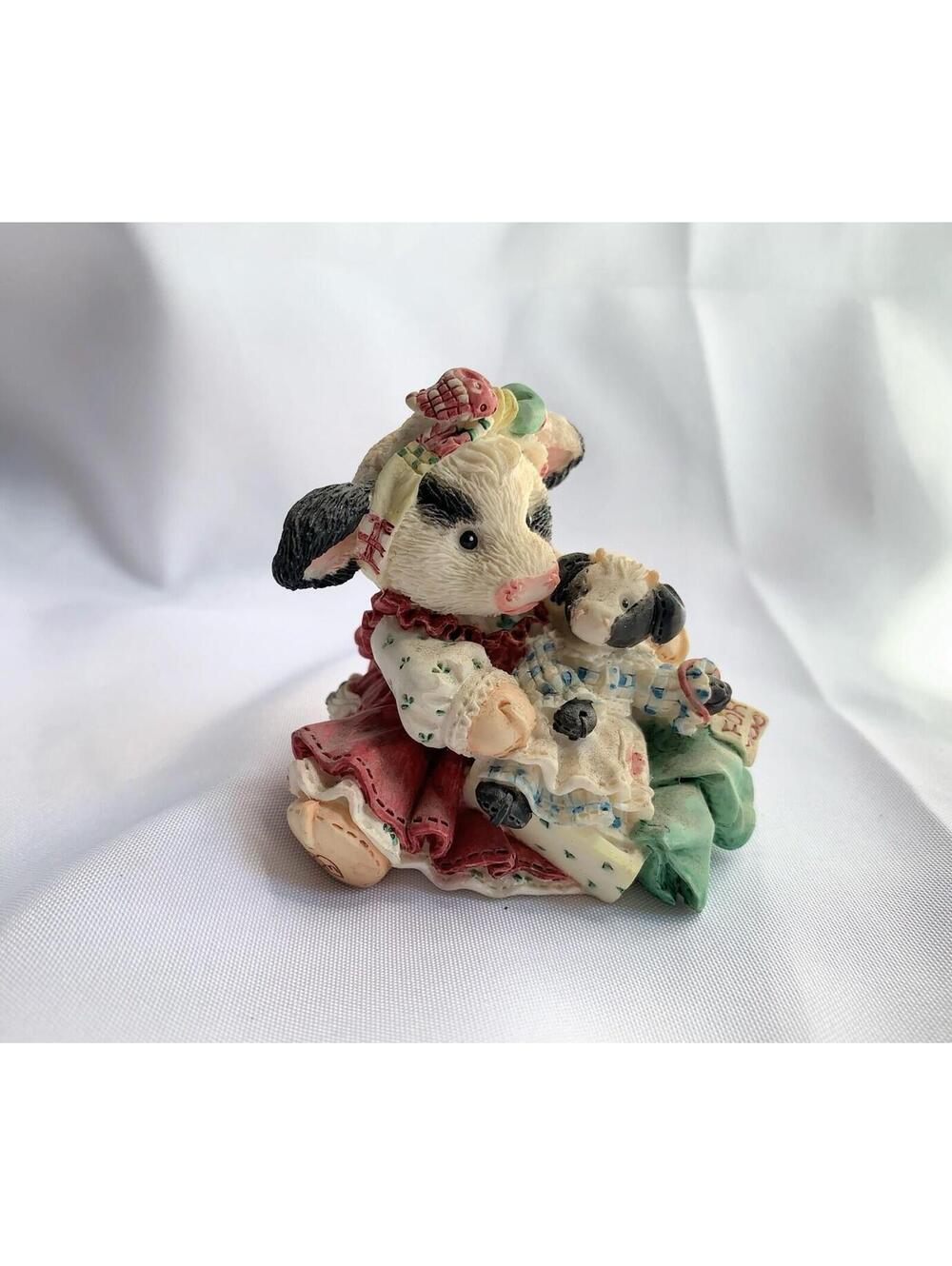 Mary's Moo Moos Figurine 1995 Baby Girl Cow Holding Stuffed Animal Toy Love Hugs